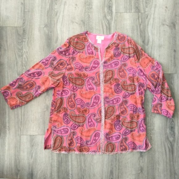 Sandy Starkman Vintage Paisley Print Beaded Pink Blouse Tunic Plus Size 2X Boho - Picture 1 of 13
